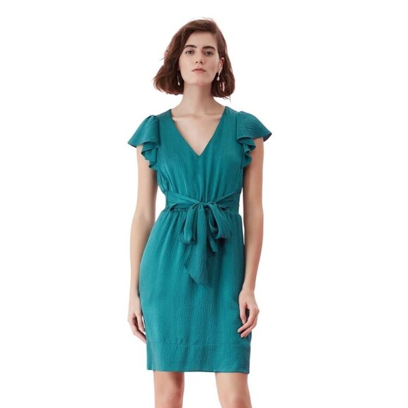 Rebecca Taylor Flutter Teal Silk V-Neck Women Mini Dress Size 8 - Picture 1 of 8